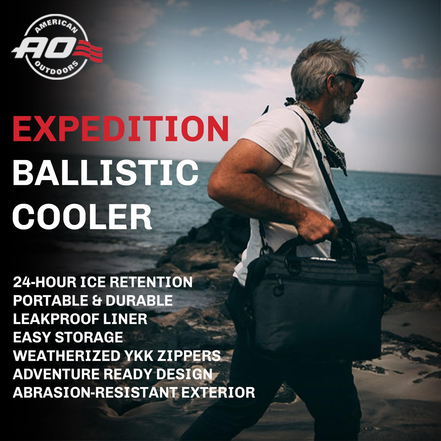 AO Coolers Expedition Ballistic Soft Cooler, Insulated, Leak Proof, and Abrasion Resistant, 24-Can, Black/Charcoal