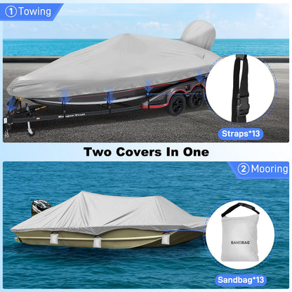 Caminor Boat Cover 14-15.8ft, Bass Tracker Boat Cover with Sand Bag Mooring Kit, 1200D Marine Canvas Waterproof Heavy Duty Boat Covers for 14 feet 15ft 16' V Hull Bass & Runabout Boat,Gray