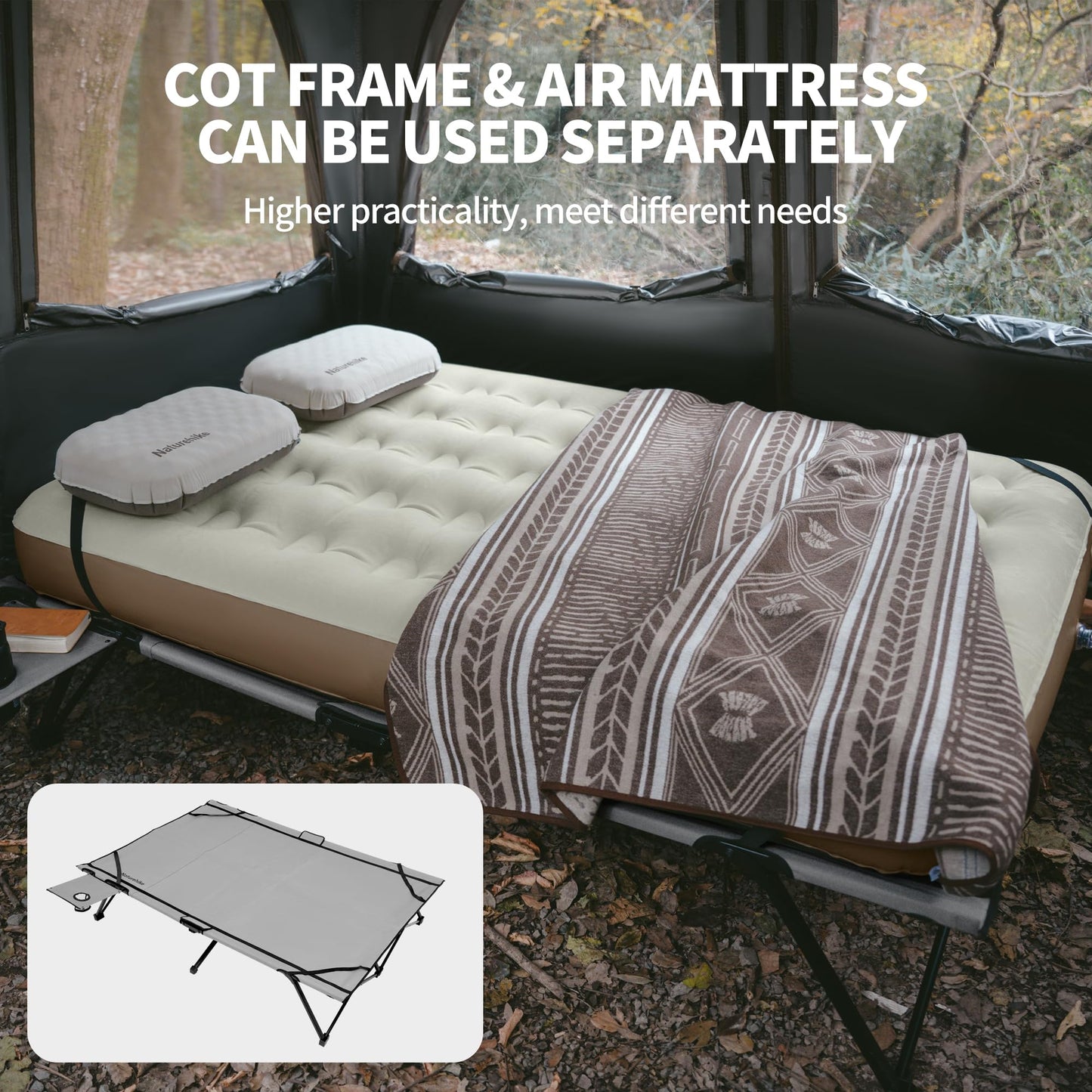 Naturehike Queen-Sized Airbed Cot Combo, Folding 2 Person Camping Cot with Air Mattress, Side Table and Wheeled Carry Bag, Camping Bed for Outdoor Camp Guests (Pump Not Included)