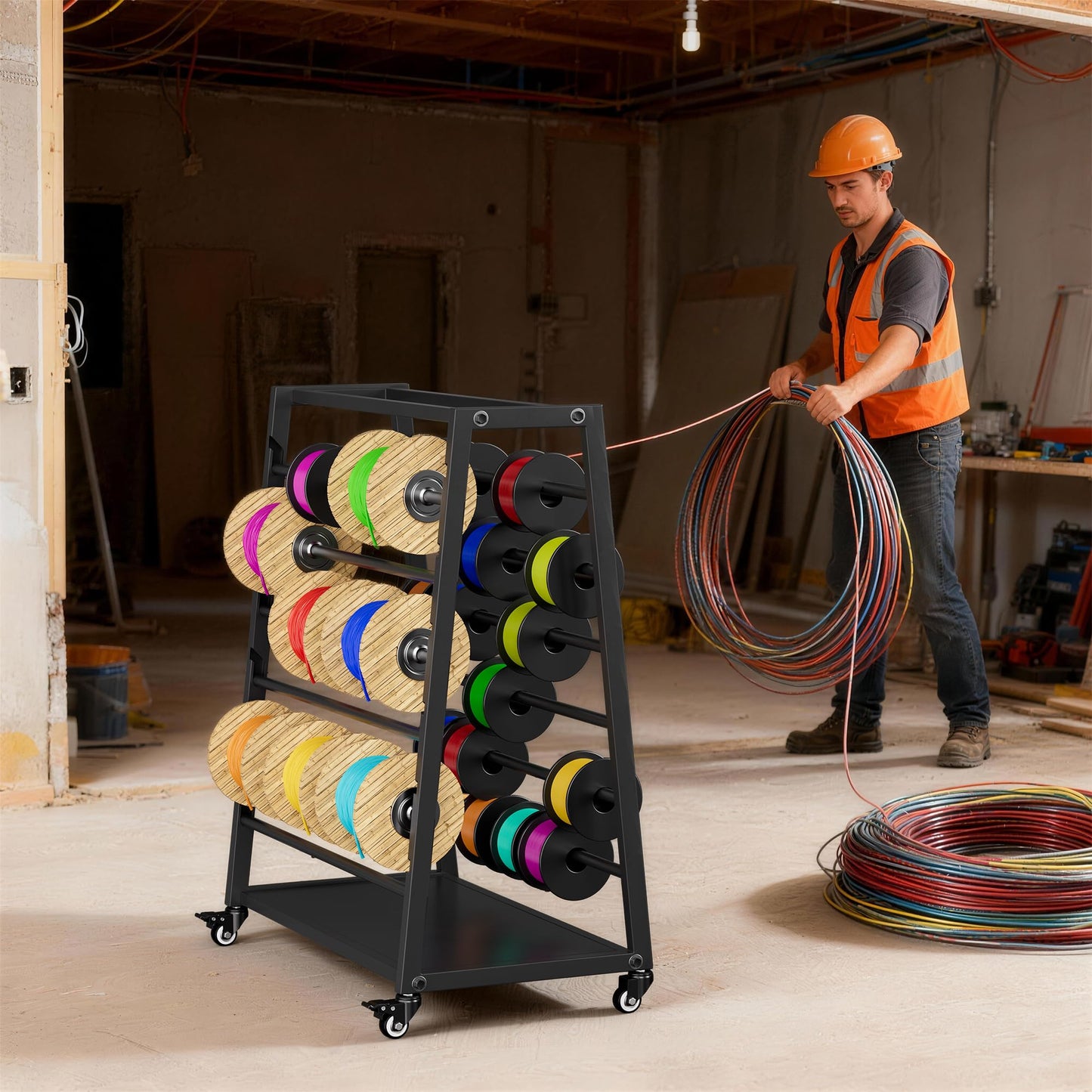 Wire Spool Rack, Cable Dispenser Cart with Wheels, Multi-Electrical Wire Rack, 12 Rods Adjustable Cable Reel Holder, Heavy Duty Wire Spool Holder, Automotive Wiring Storage Stand