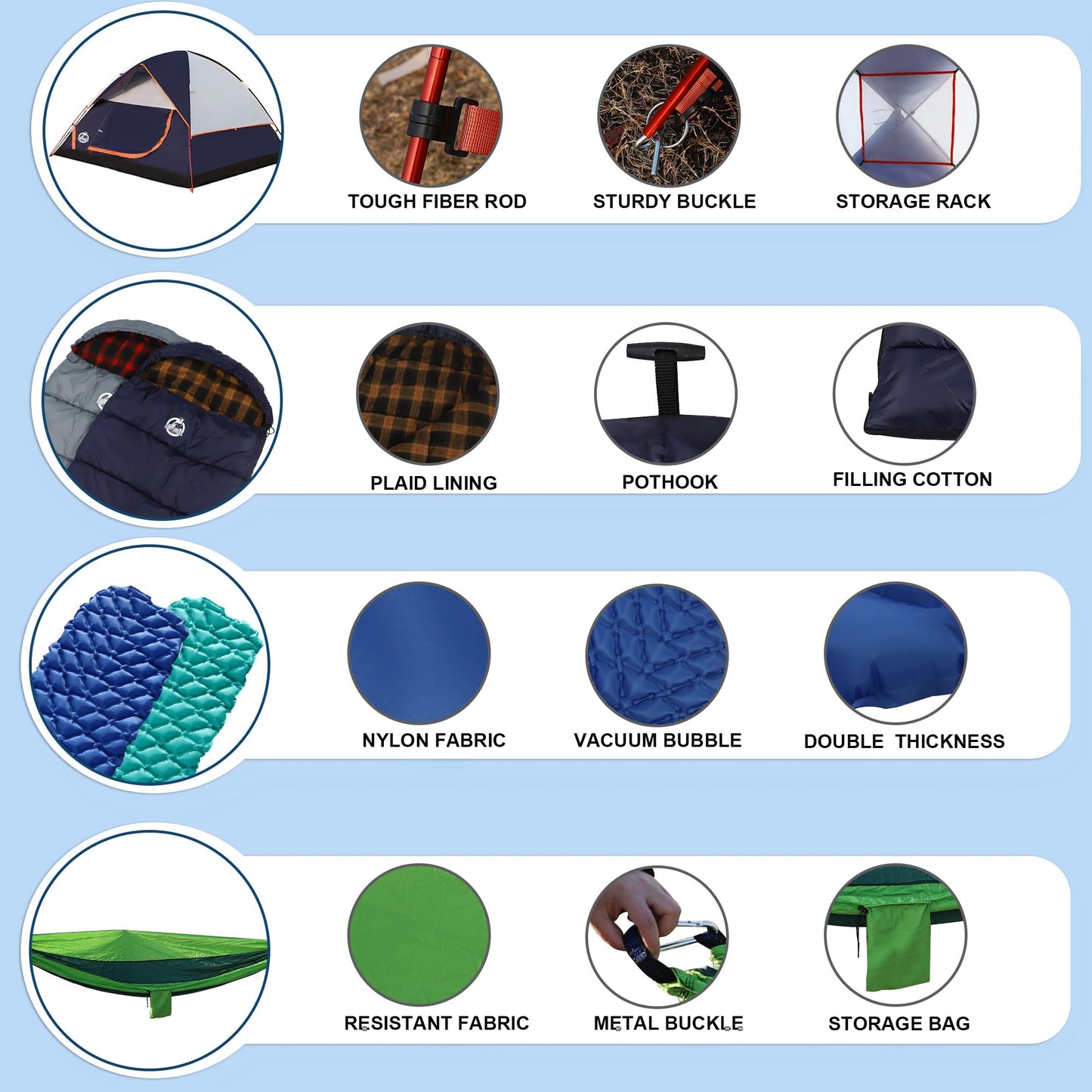 Northroad 9PCS Camping Tent Kit, Including 1 2/3 Person Dome Tent, 2 Sleeping Bag, 2 Sleeping Pad/Camping Mat, 2 Single Camping Hammock with 2 Tree Straps, 2 Lightweight Fuzzy Bed Blanket