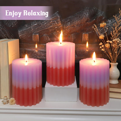 FLAVCHARM Ribbed Pillar Candles Purple Coral Gradient Vanilla Scented 3x4 Inch Candle Handmade Striped Aesthetic Retro Textured Pillar Candle for Boho Home Decor, Coffee Table, Weddings Party, 3-Pack