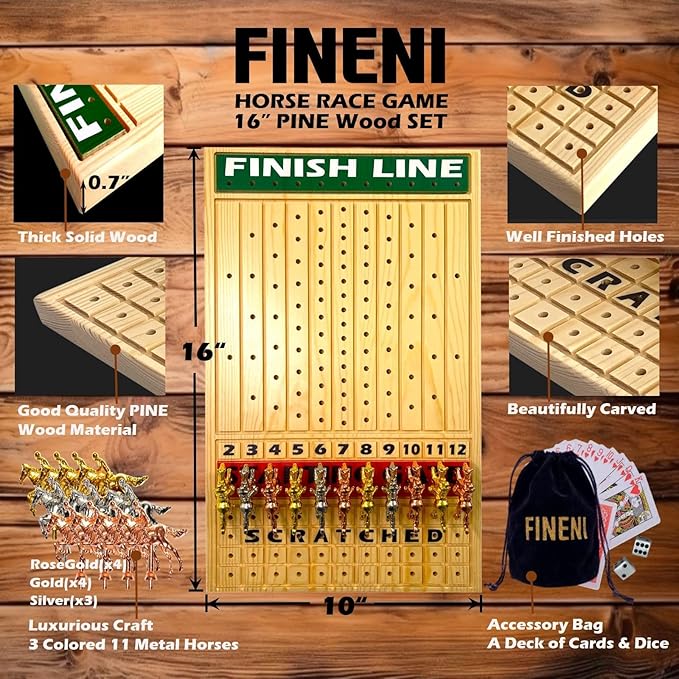 Racing Game for Adults With 11 Luxurious Metal Horses (Silver Black Rose Gold) 16 Pine Wood Race Game Board Dice &amp Card Included (Log Color)