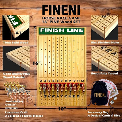 Racing Game for Adults With 11 Luxurious Metal Horses (Silver Black Rose Gold) 16 Pine Wood Race Game Board Dice &amp Card Included (Log Color)