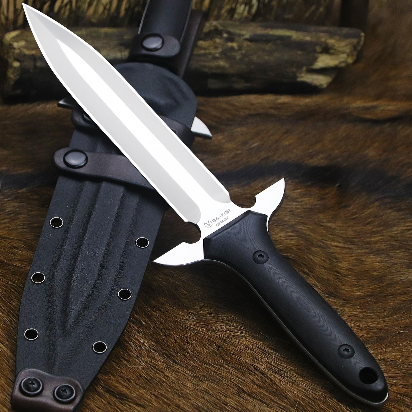 BA-KOR 14.4” Fixed Blade Hunting Knife, CPM 3V Steel Full Tang Survival Knife, 5mm Thick Mirror Polished Blade, G10 Handle, Leather Wrapped Kydex Sheath & 5.9” Fire Starter