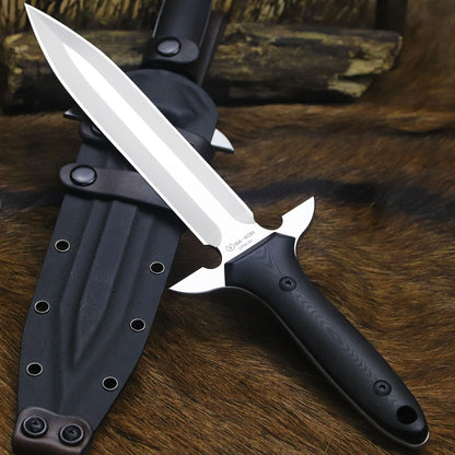 BA-KOR 14.4” Fixed Blade Hunting Knife, CPM 3V Steel Full Tang Survival Knife, 5mm Thick Mirror Polished Blade, G10 Handle, Leather Wrapped Kydex Sheath & 5.9” Fire Starter