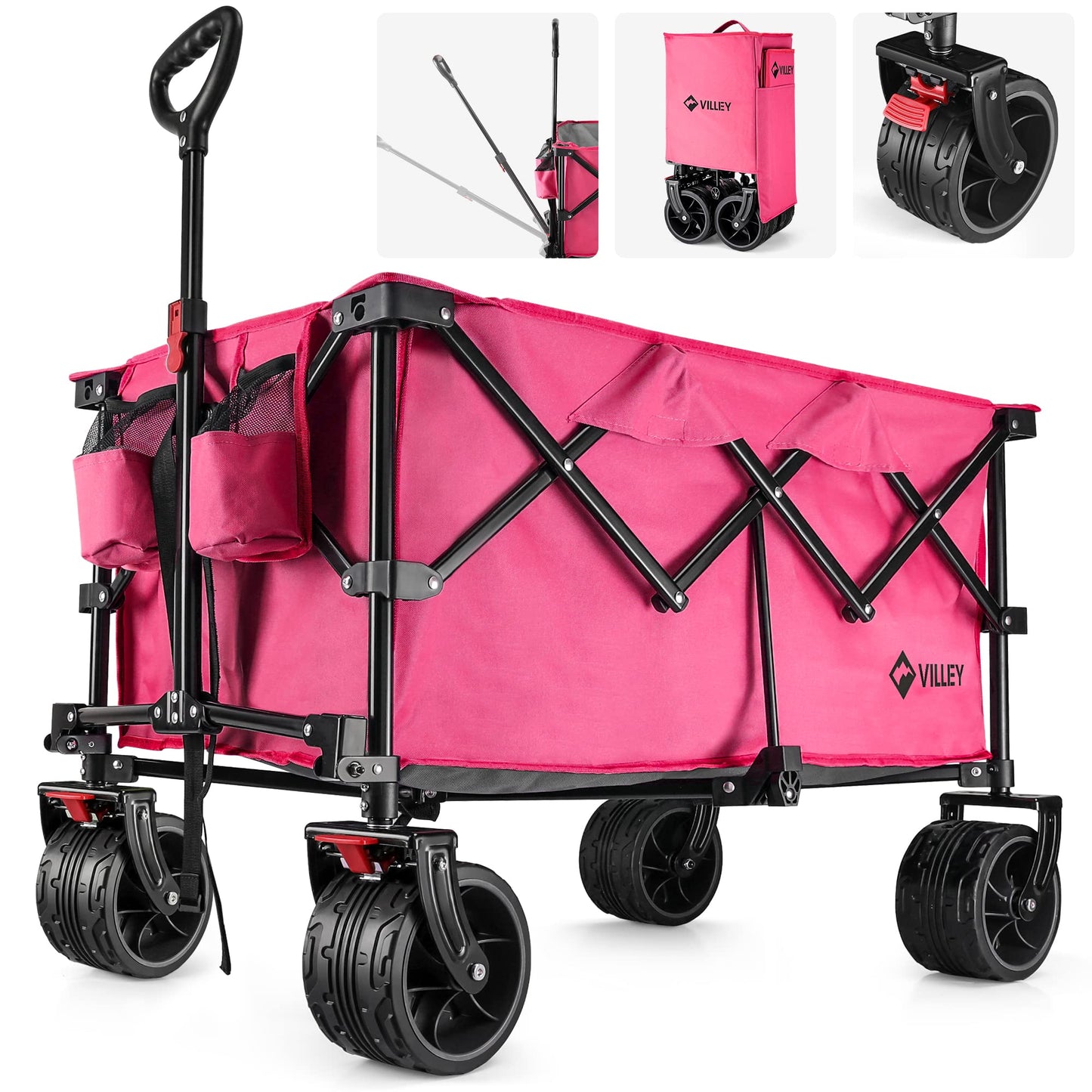 VILLEY Collapsible Folding Wagon with Big Wheels, Enlarged 225lbs Capacity, All Terrain Wagons Carts Heavy Duty Foldable, Portable Utility Garden Cart with 2 Cup Holders and Brake, Pink.