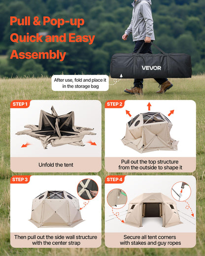 VEVOR Pop up Gazebo Screen Tent, 15 x 15 ft, 13-Sided Spherical Camping Canopy Tent with Removable Top & Carry Bag, Quick-Set & Bite-Proof, Screen House Sun Shelter for 12-15 Persons, Beige