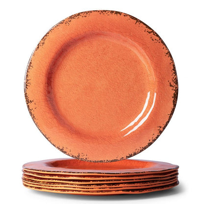 LEHAHA Melamine Salad/Dessert Plates, Crackled Design Plates Set of 6, 9 inch Small Dinner Plates, Modern Rustic Kitchen Serving Dishes for Party, Picnic and Camping Use, Orange
