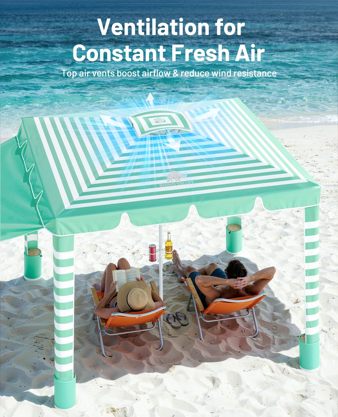 Rhino Valley Beach Cabana, 120 Sq. Ft Beach Canopy UPF50+ Protection, Easy Setup & Adjustable Height Beach Tent Sun Shelter with Cup Holder, Portable for 4-8 People, Light Green & White Stripes