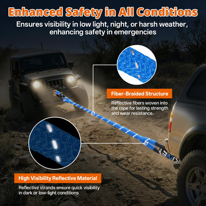 Kinetic Recovery Tow Rope - 1.26" x30FT 55000LBS Reflective Heavy Duty Snatch Strap Kit with Soft Shackles for Offroad Pulling Truck SUV UTV ATV Car Jeep - Blue