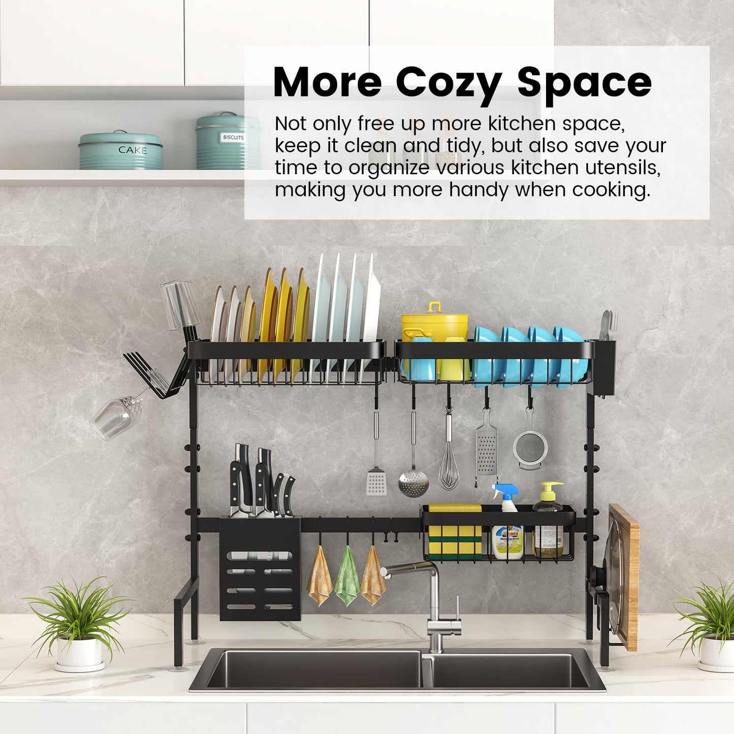 MERRYBOX Over The Sink Dish Drying Rack, 2-Tier Height:20.7in,Length:25.6-33.5in Adjustable,Stainless Steel Dish Drainer with Cutting Board Holder,Large Kitchen Dish Rack Counter Organizer Space Saver