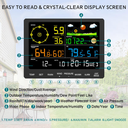 Home Weather Station Wireless with Rain Gauge, Indoor Outdoor Thermometer, Humidity, Barometric Pressure, Forecast, Moon Phase, Bedroom Alarm (No WiFi)