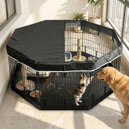 PJYuCien Octagonal Dog Playpen with Top Cover and Bottom Pad - Metal Foldable Exercise Pen, 8 Panels 24" H x 24" W Indoor Outdoor Pet Fence Puppy Crate Kennel, Black