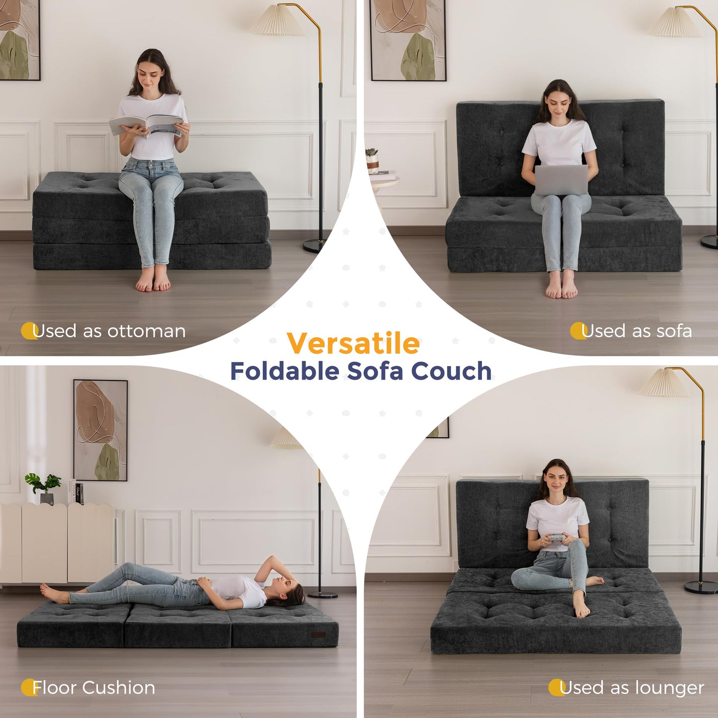 MAXYOYO 6" Folding Sofa Bed for Floor, Tufted Tri-Fold Floor Couch Bed with Chenille Fabric, Full Size Portable Sofa Couch Guest Mat for Adults, Foldable Topper for Camping, Dark Grey, 53"x75"