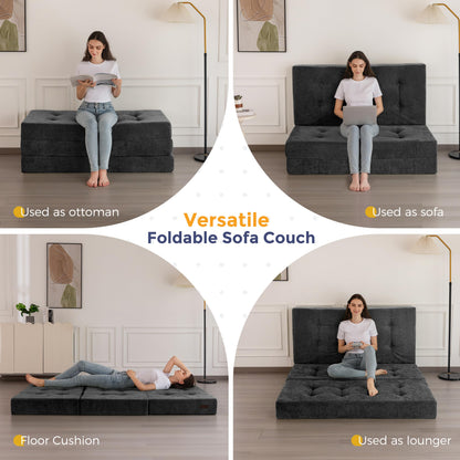 MAXYOYO 6" Folding Sofa Bed for Floor, Tufted Tri-Fold Floor Couch Bed with Chenille Fabric, Full Size Portable Sofa Couch Guest Mat for Adults, Foldable Topper for Camping, Dark Grey, 53"x75"