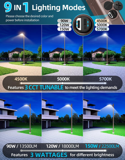 ADUB LED Parking Lot Light 150W 120W 90W Tunable, LED Shoebox Light 5700K 5000K 4500K Adjustable Arm&Slip Fitter, Outdoor Pole Light with Photocell, IP65 Commercial Street Area Flood Lighting