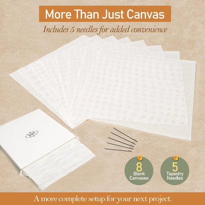 Needlepoint Canvas 13 Mesh, 8 Pack 8 x 8 Inch Pre-Cut Cotton Blank Embroidery Fabric with 5 Needles, Blank Canvas for Needlepoint, Canvaswork & DIY Craft Supplies, No-Fold Packaging