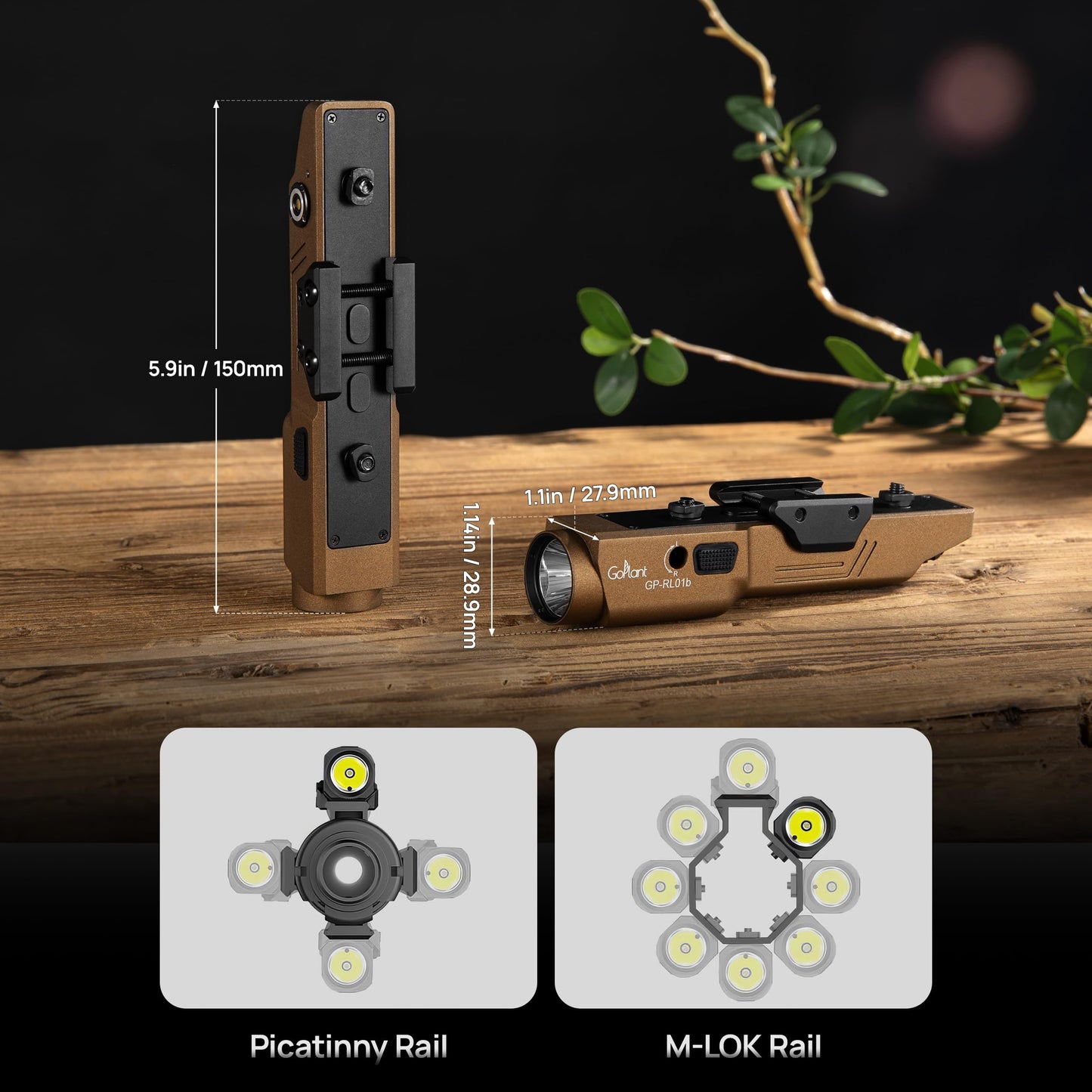 GOPLANT 2500 Lumen Aluminum Alloy Rifle Laser Light Combo, 2.5 Hours Long Runtime AR15 Weapon Light and Green Laser, Picatinny Rail MLOK Mounted LED Tactical Flashlight (Desert Tan)