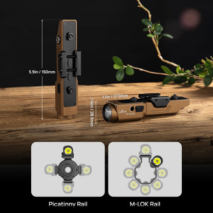 GOPLANT 2500 Lumen Aluminum Alloy Rifle Laser Light Combo, 2.5 Hours Long Runtime AR15 Weapon Light and Green Laser, Picatinny Rail MLOK Mounted LED Tactical Flashlight (Desert Tan)