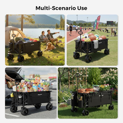 SUNNYFEEL 49" L Foldable Wagon Cart with Big Wheels - 550lbs Heavy Duty Extra Long Collapsible Shopping Cart - Utility Grocery Wagon for Garden Sports Camping Outdoor Activities (Black)