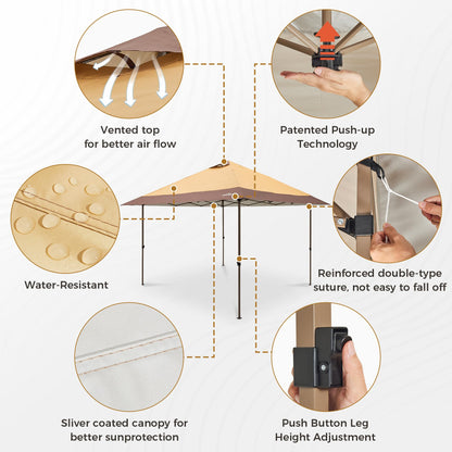 OUTDOOR LIVING SUNTIME 13x13 Instant Easy Pop Up Canopy,Portable Commercial Gazebo Camping Gazebo Tent Shelter with Wheeled Roller Carry Bag, Bonus Weight Sandbags, Stakes, Ropes -Khaki