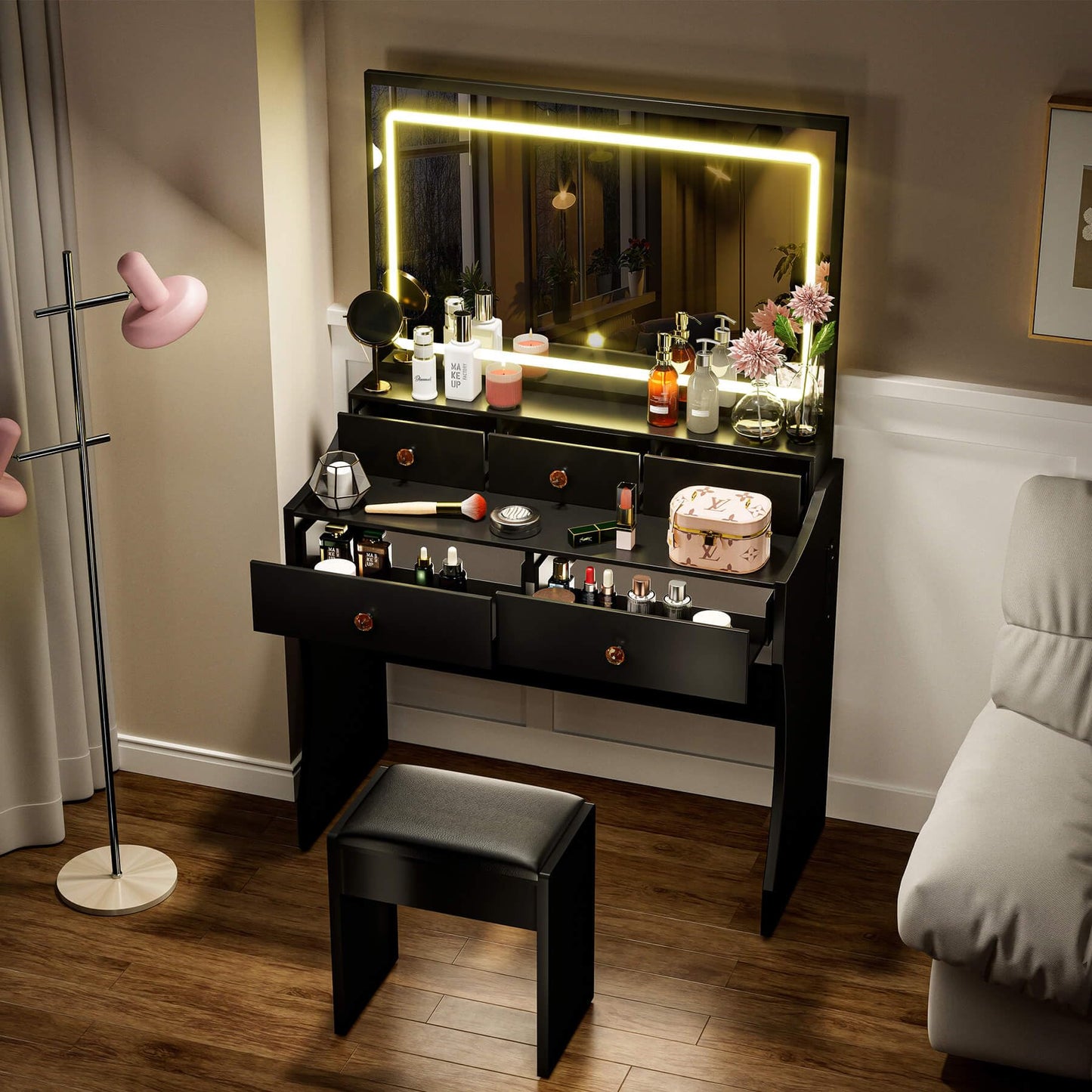 COMHOMA Makeup Vanity Desk with Mirror and Lights, Vanity Table and Chair Set with 5 Drawers and Charging Station, Bedroom Dresser LED Mirror Stepless Dimmable & 3 Color Modes Adjustable, White
