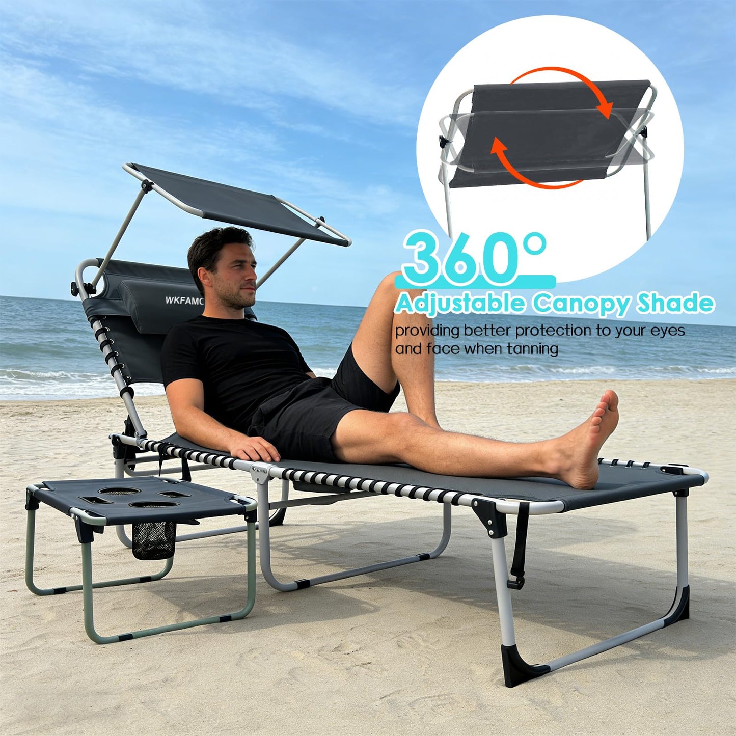 WKFAMOUT Outdoor Tanning Chair with Sun Canopy Shade & Face Hole, Folding Lounge Chair with Beach Table and Carry Bag for Poolside Sunbathing Lawn