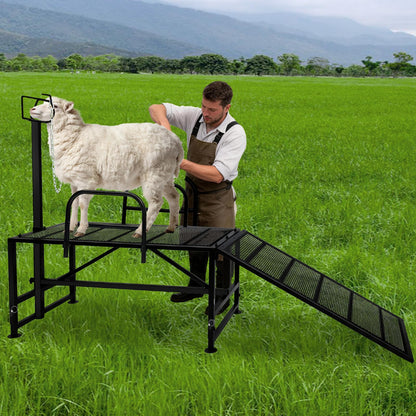 47"L Heavy Duty Goat Milking Stand with Detachable Ramp, 700lbs Capacity Sheep Trimming Station, Professional Livestock Grooming Platform with 4-Level Adjustable Headlock for Hoof Care