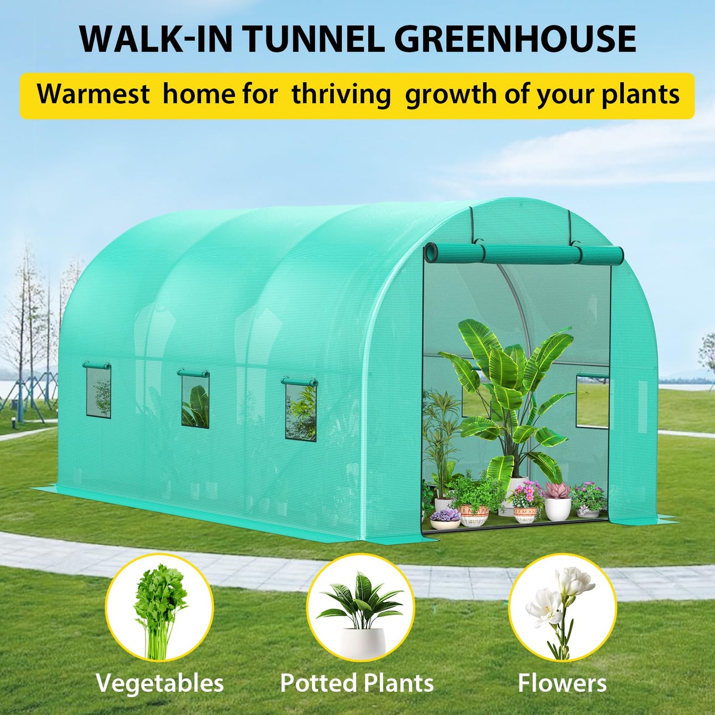 Patikuin Spacious Walk-in Tunnel Greenhouse – Sturdy Galvanized Steel Frame, Roll-Up Zipper Door, 6 Screen Windows, Heavy Duty Green PE Cover – Ideal for Garden Plants, Winter Vegetables, Seedlings