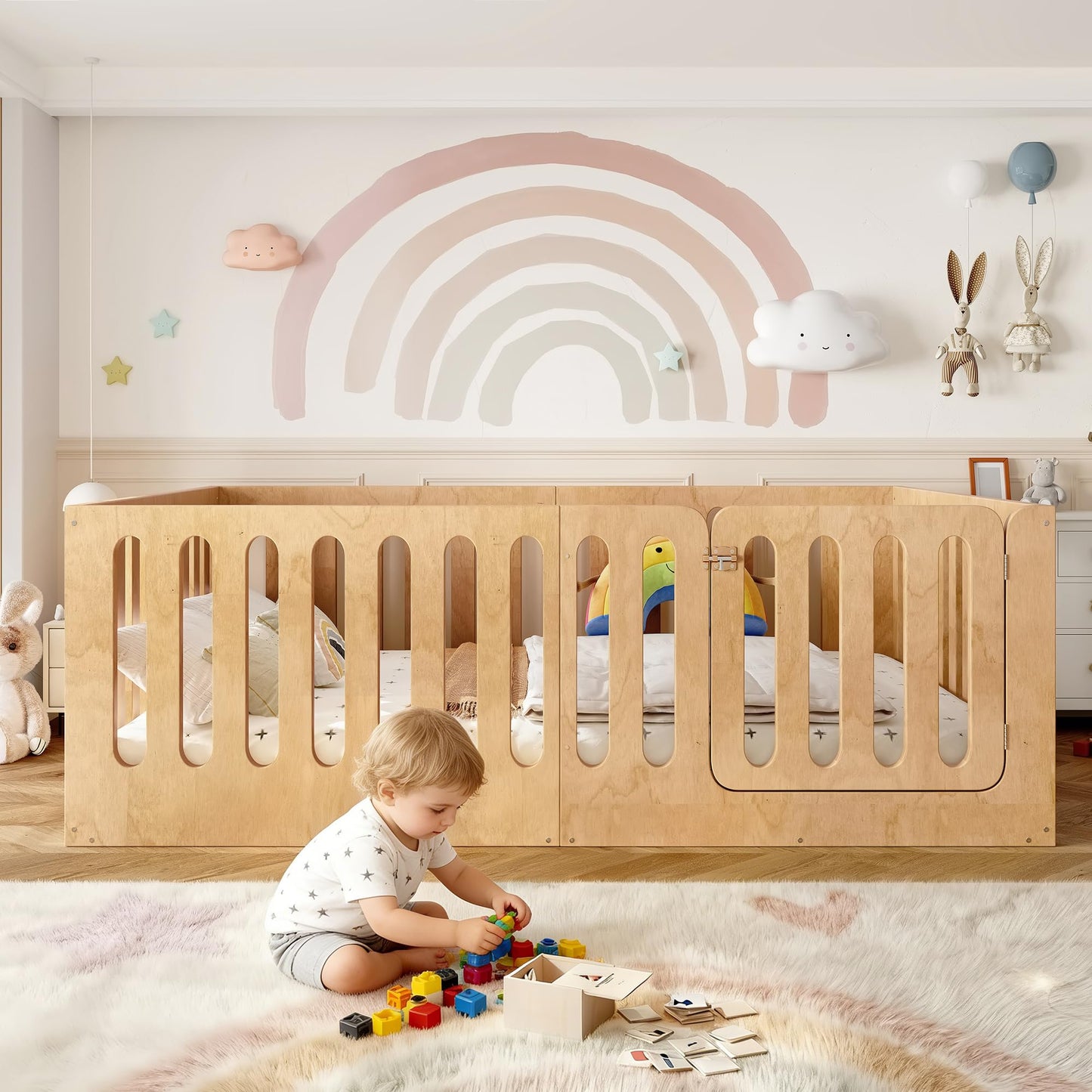 GDFStudio Full Size Montessori Floor Bed with Door, Solid Wood Kids Floor Bed Frame, Low Profile No Box Spring Needed, House Style Design, Sturdy Slats Support, Natural Finish, Easy Assembly