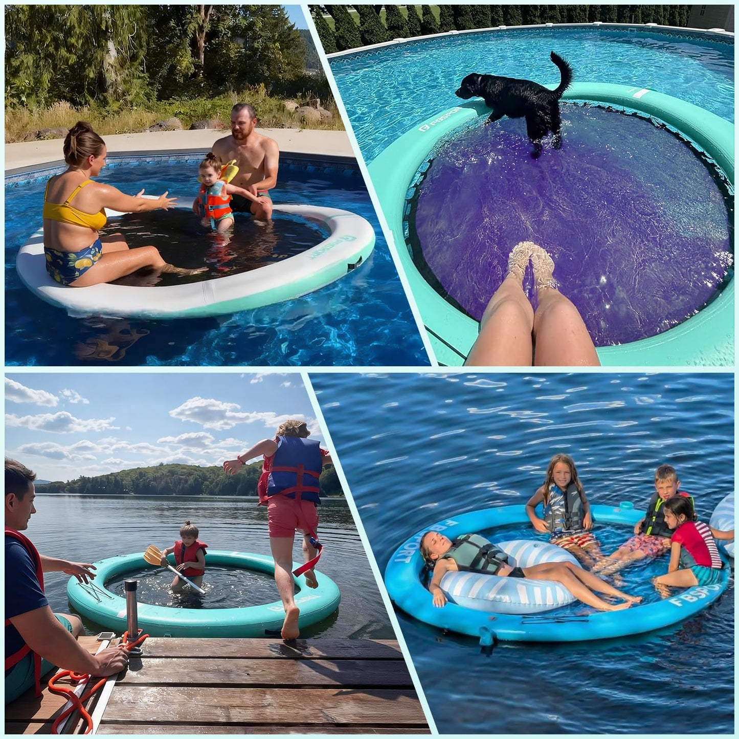 FBSPORT Inflatable Water Hammock Round Floating Ring, 8ft Inflatable Dock Floating Platform for Lake W/Cupholder, Sun Float Chill Raft Float Ring Tanning Pool Lounger Island Platform Pad