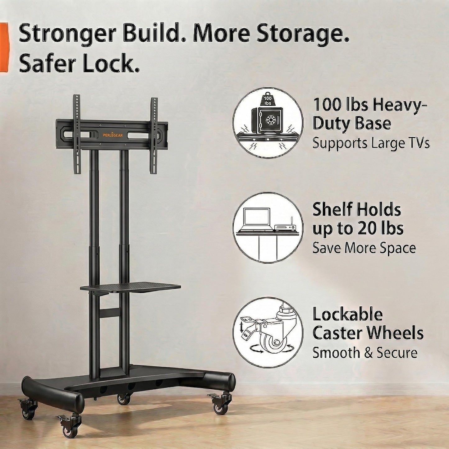 Perlegear Mobile TV Cart for 32-82 Inch Flat/Curved LED/LCD/OLED TVs Rolling TV Stand with Height Adjustable Shelf Max VESA 600x400mm up to 100lbs- Outdoor TV Stand Trolley with Wheels PGTVMC05-1