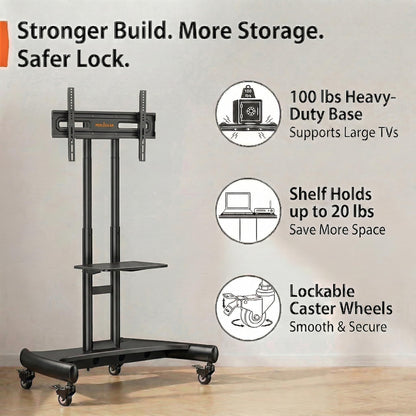Perlegear Mobile TV Cart for 32-82 Inch Flat/Curved LED/LCD/OLED TVs Rolling TV Stand with Height Adjustable Shelf Max VESA 600x400mm up to 100lbs- Outdoor TV Stand Trolley with Wheels PGTVMC05-1