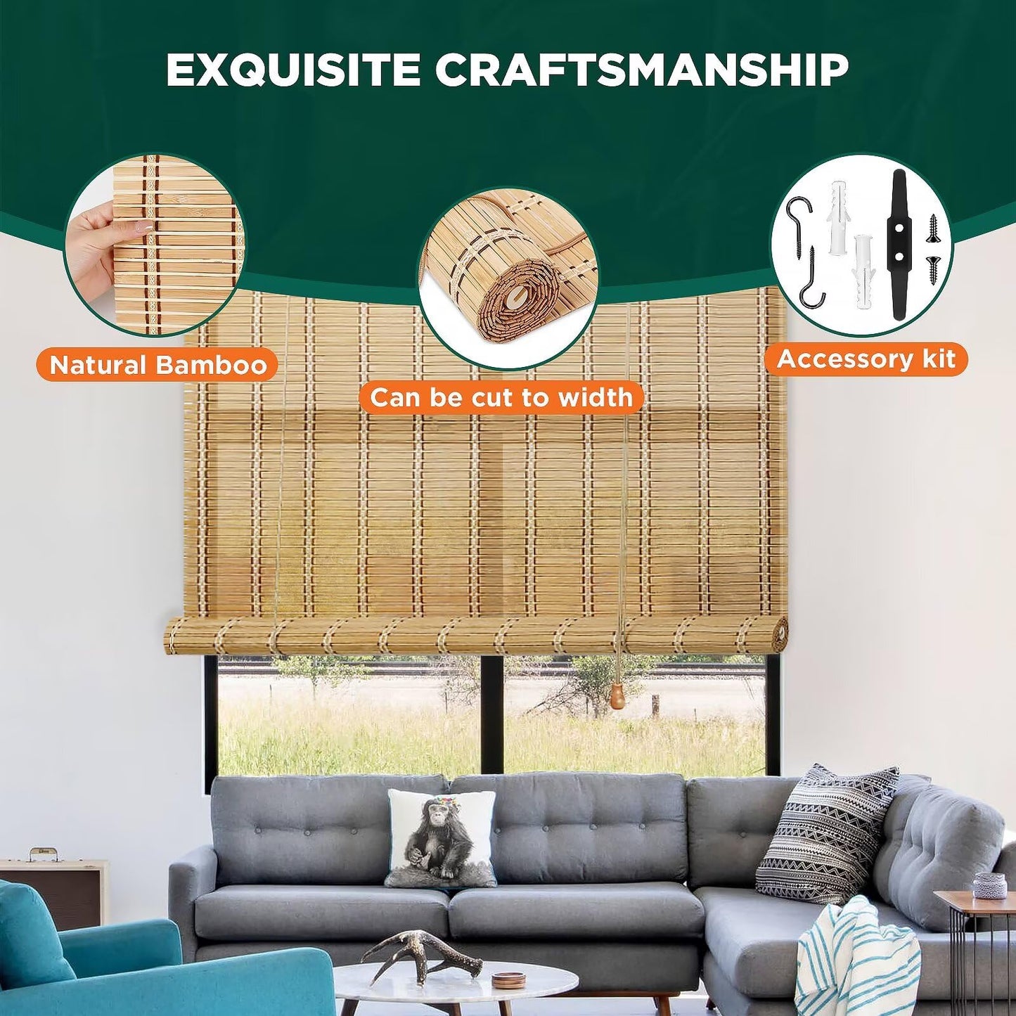 Bamboo Blinds for Interior Windows, Easy to Install Bamboo Shades for Indoor Windows, Custom Roller Shades for Indoor Window and Outdoor Patio, 48" W x 85" H