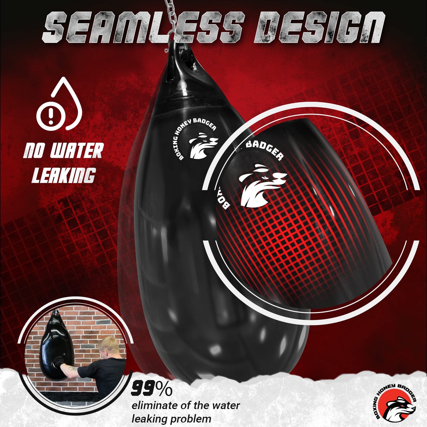 Boxing Honey Badger 2nd Generation Seamless Anti-Leak 110lb Water Punching Heavy Bag for Adults Heavy Duty Boxing Water Bag