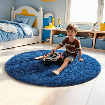 Ophanie Blue Round Rug - 4Ft Circle Area Rug for Boys Room | Soft, Fluffy Shaggy Carpet for Kids' Decor