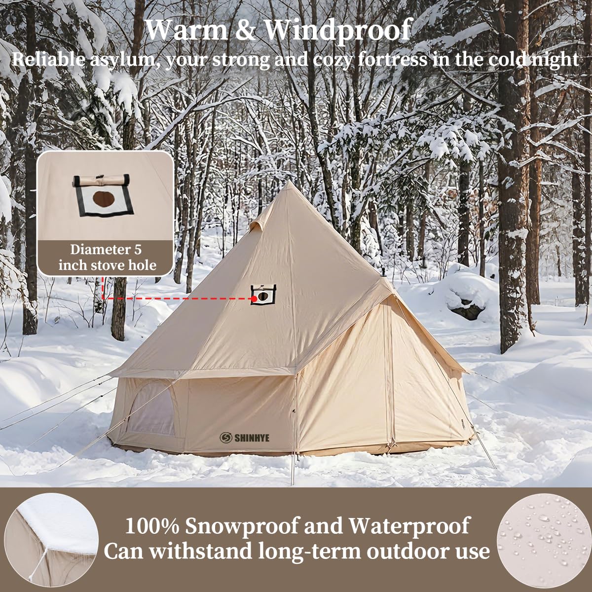 Canvas Bell Tent with Stove Jack, Glamping Yurt Tent for 360° Ventilated Mesh with Zipped Removable Floor, 4 Season Family House Hot Tents for All Year Living (Beige- 4M- 173 sq. ft yurt)