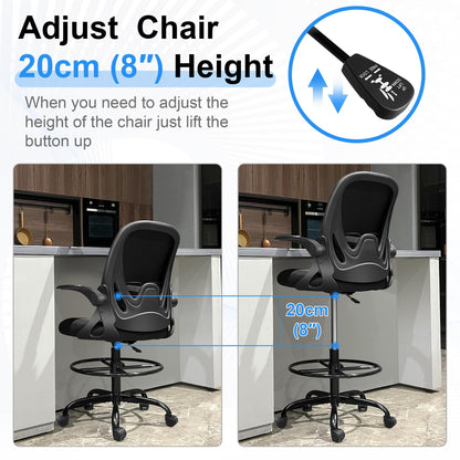 Primy Drafting Chair Tall Office Chair with Flip-up Armrests Executive Ergonomic Computer Standing Desk Chair with Lumbar Support and Adjustable Footrest Ring (Black)
