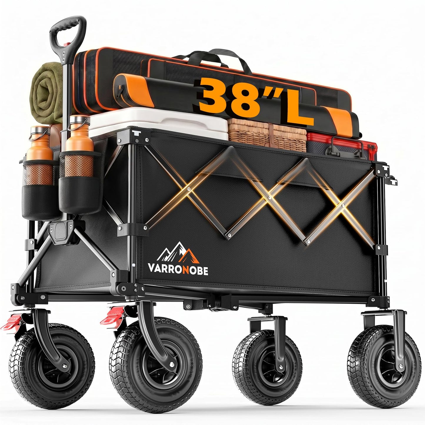 Big Rubber Wheels Beach Wagon Cart Foldable, 9x3 All-Terrain Wheels, Heavy Duty Collapsible Utility Wagon with 330lbs Capacity, 180L Storage, Compact, Easy Transport for Sand Camping Sports, Black