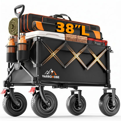Big Rubber Wheels Beach Wagon Cart Foldable, 9x3 All-Terrain Wheels, Heavy Duty Collapsible Utility Wagon with 330lbs Capacity, 180L Storage, Compact, Easy Transport for Sand Camping Sports, Black