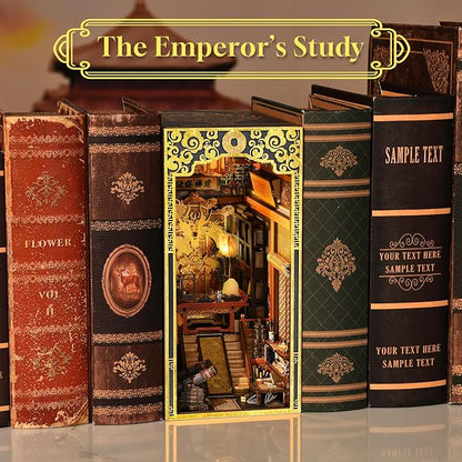 Book Nook Kit DIY Dollhouse Booknook Book Nook Miniature Kit for Bookshelf Insert Decor Crafts for Adults Teen Halloween 3D Wooden Puzzle with Led Light (The Emperor's Study)