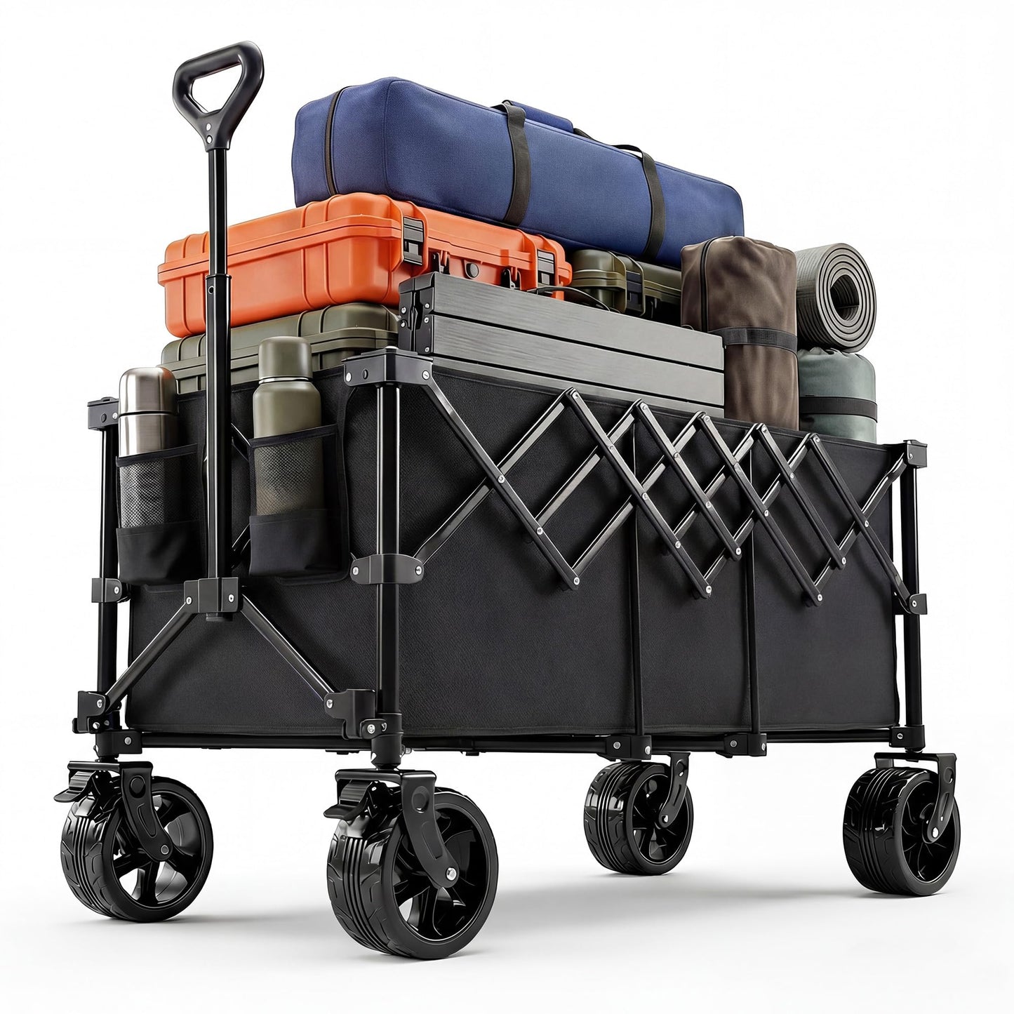 NEWBULIG Foldable Wagon Cart, 440LB Heavy Duty Collapsible Wagon with Extra-Long Storage, All-Terrain Wheels, Portable Utility Wagon for Groceries, Camping, Sports, Beach, Garden, Black