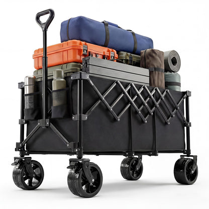 NEWBULIG Foldable Wagon Cart, 440LB Heavy Duty Collapsible Wagon with Extra-Long Storage, All-Terrain Wheels, Portable Utility Wagon for Groceries, Camping, Sports, Beach, Garden, Black