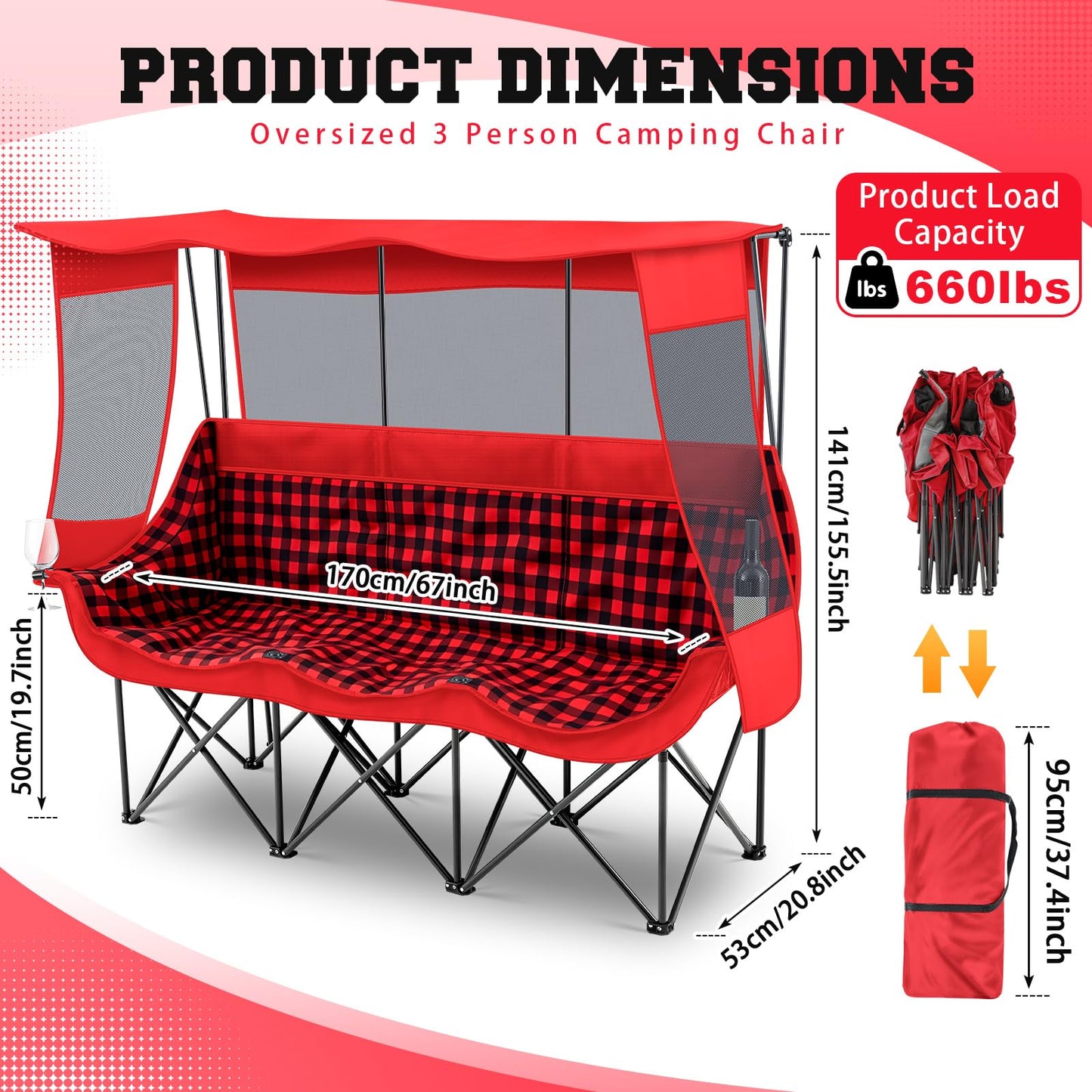 Teenyyou 3 Person Camping Chair with Canopy – Ultimate UV Sun Protection, 700lbs Heavy Duty Oversized Beach Chair, Foldable Portable Sofa with Cup Holder & Storage for Beach Lawn Outdoor(Red Black)