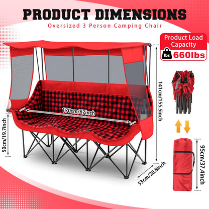 Teenyyou 3 Person Camping Chair with Canopy – Ultimate UV Sun Protection, 700lbs Heavy Duty Oversized Beach Chair, Foldable Portable Sofa with Cup Holder & Storage for Beach Lawn Outdoor(Red Black)