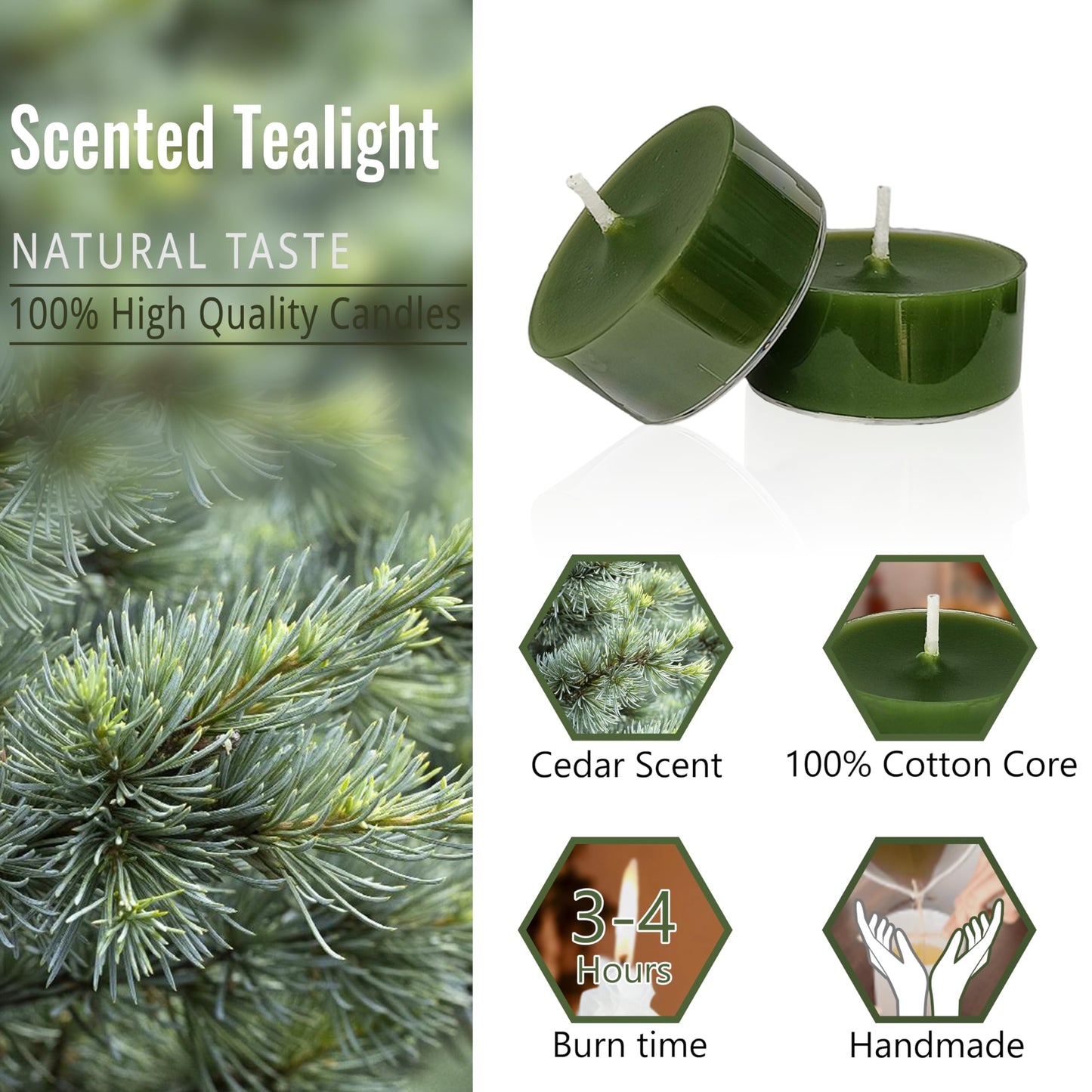 Green Tea Lights Set of 24, Handmade Tealight Candles, Cedar Scented Tea Candles, Long Burning Tealights for Wedding Meditation Home Spa Decor Gift