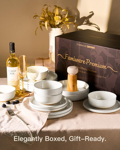 Famiware Premium 24-Piece Stoneware Dinnerware Sets for 8 - Coupe Plates and Bowls with Speckles & Spirals - Chip & Scratch Resistant, Microwave & Dishwasher Safe - Farmhouse Dishes - Gift Box, White