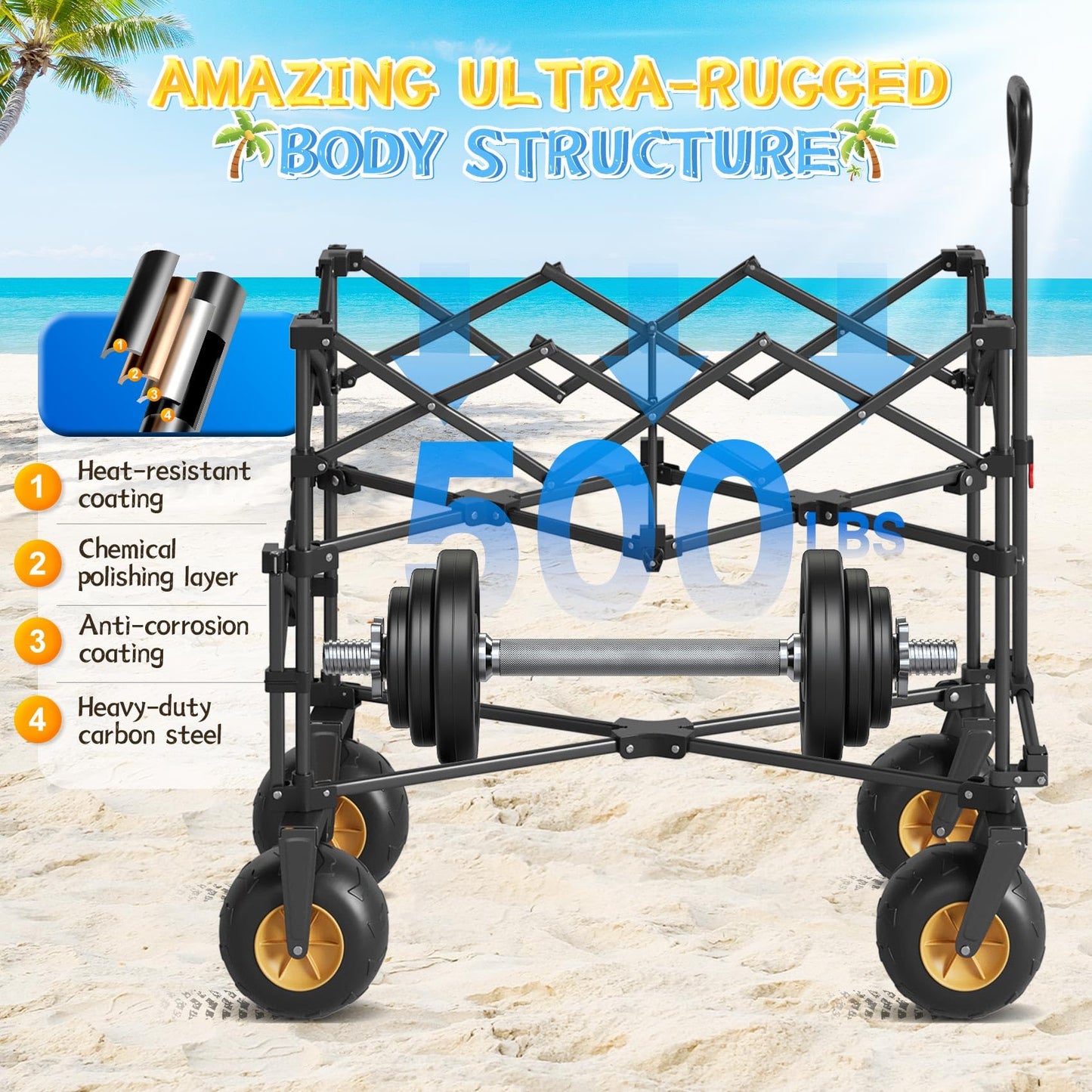 𝐔𝐩𝐠𝐫𝐚𝐝𝐞 Beach Wagon with Big Wheels for Sand, Double-Decker, 9" PVC All-Terrain Wheel, 500 lb Load Capacity, Oversized 400L, for Beach, Camping, Garden & Outdoor Sports (Black)