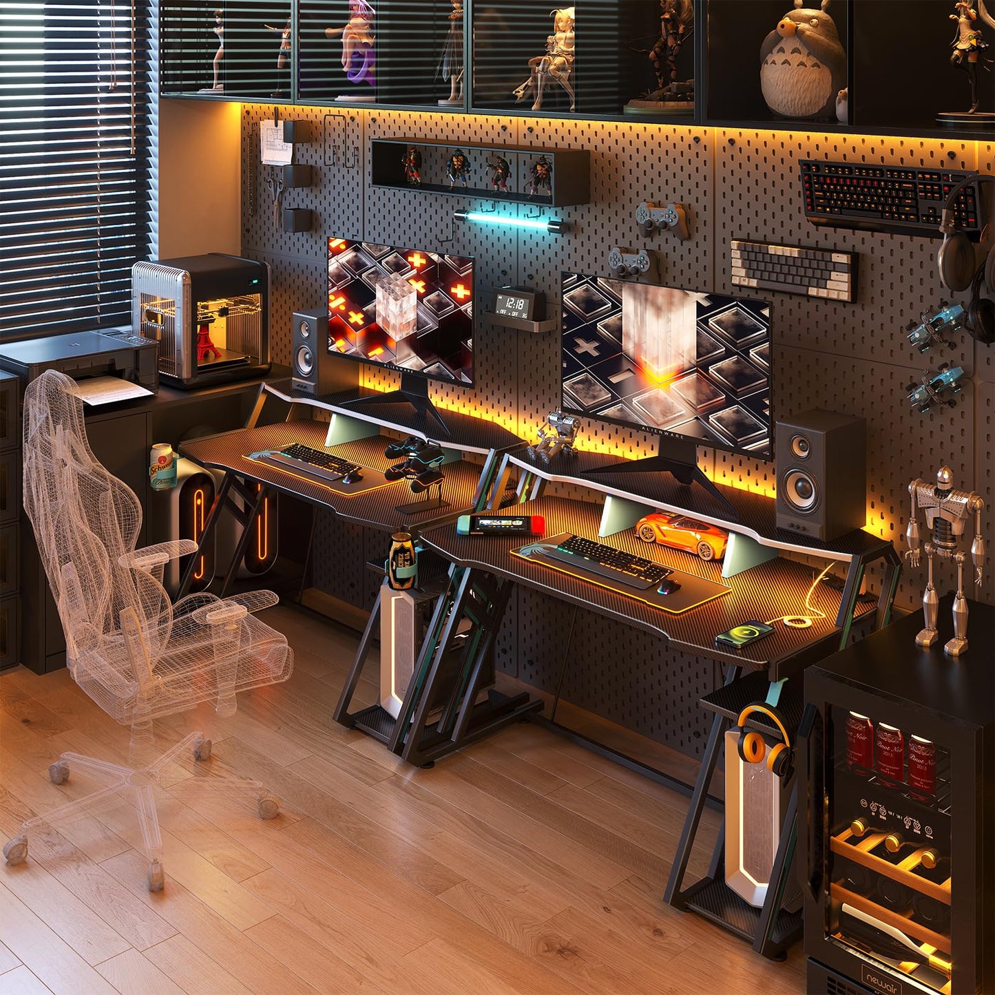 MOTPK Gaming Desk with Power Outlet & LED Lights, Computer Desk 47inch with PC Storage Shelf, Gaming Table with Carbon Fiber Texture, Gamer Desk, Gift for Boys Men, Black